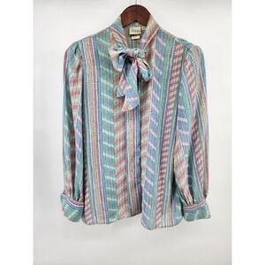 Vintage Pykettes Pastel Striped Pussybow Blouse Womens Size 10 Long‎ Sleeve